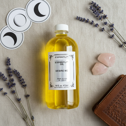 Desire Me Espiritu 16oz oil bottle flat lay with moon phase cards, lavender, journal and rose quartz