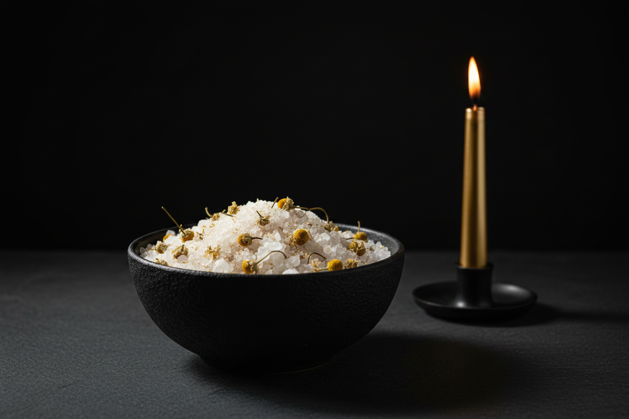 Prosperity bath salts with dried chamomile in a matte black bowl on dark slate with gold taper candle