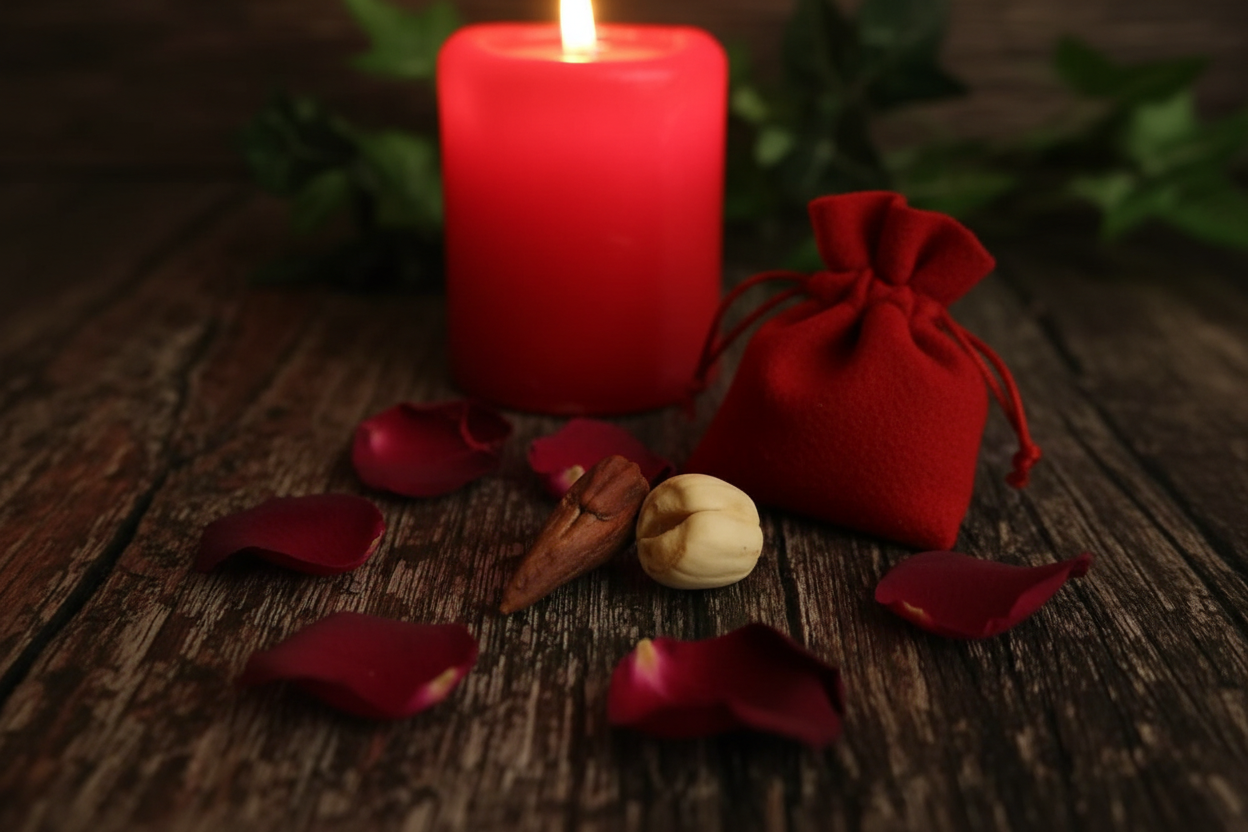 Adam and Eve Root pair on dark wooden altar with red candle and rose petals, no plate