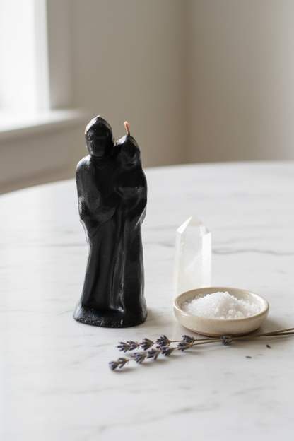 6" Marriage Black Candle on white marble with sea salt dish, dried lavender, and clear quartz point