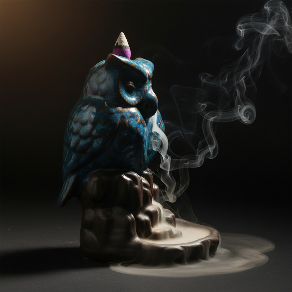 Side profile of owl backflow burner with dramatic smoke waterfall cascade on dark background
