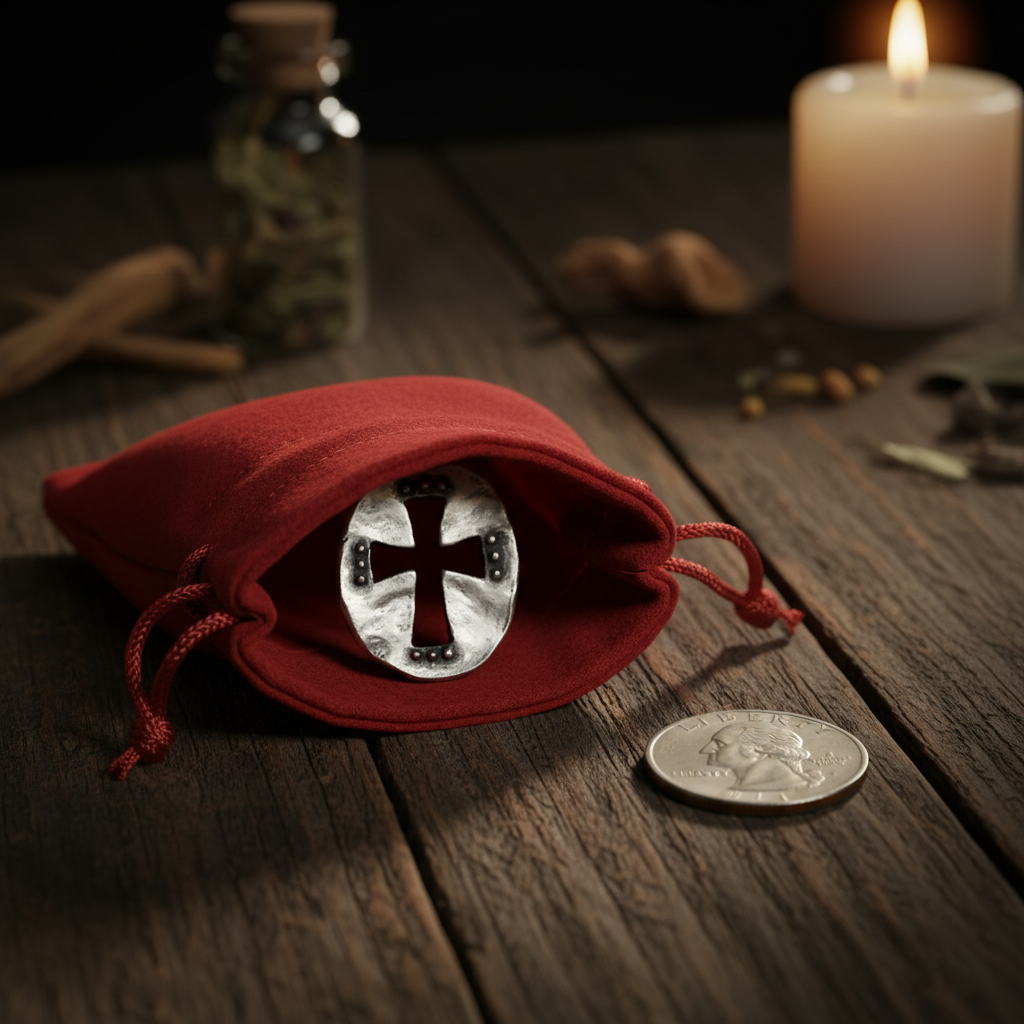 Cross Pewter Pocket Stone resting on red flannel mojo bag — quarter size scale