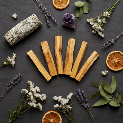 6 Palo Santo smudge sticks arranged in a fan pattern on dark linen with dried botanicals, amethyst crystal, and white sage bundle