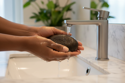 African American woman's hands lathering Dudu-Osun African Black Soap bar under running water