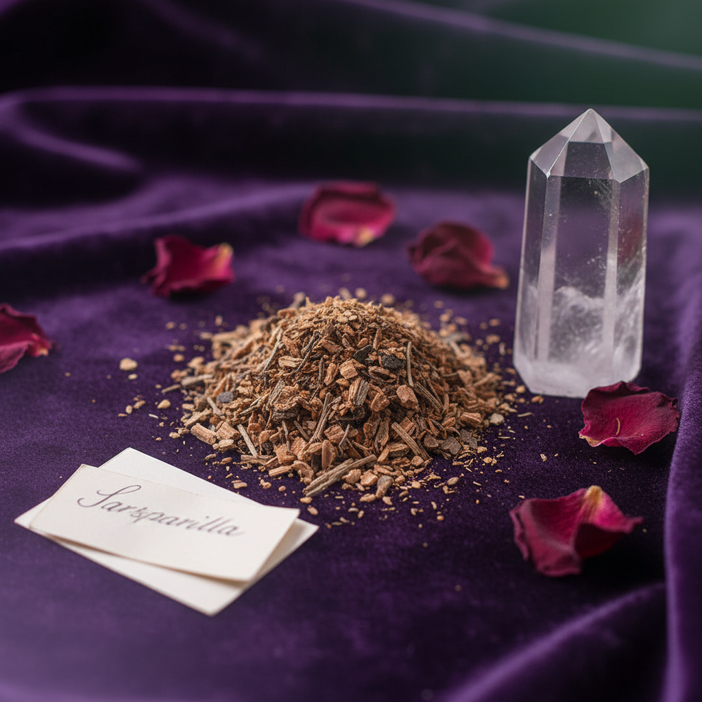 Loose dry cut Sarsaparilla Root 2oz on dark velvet cloth with a crystal point, dried rose petals, and a handwritten intention note in a mystical spiritual setting