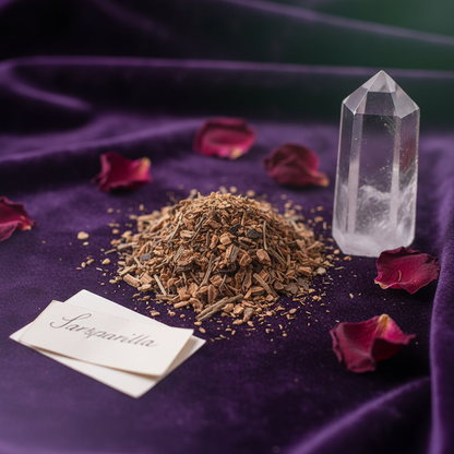 Loose dry cut Sarsaparilla Root 2oz on dark velvet cloth with a crystal point, dried rose petals, and a handwritten intention note in a mystical spiritual setting