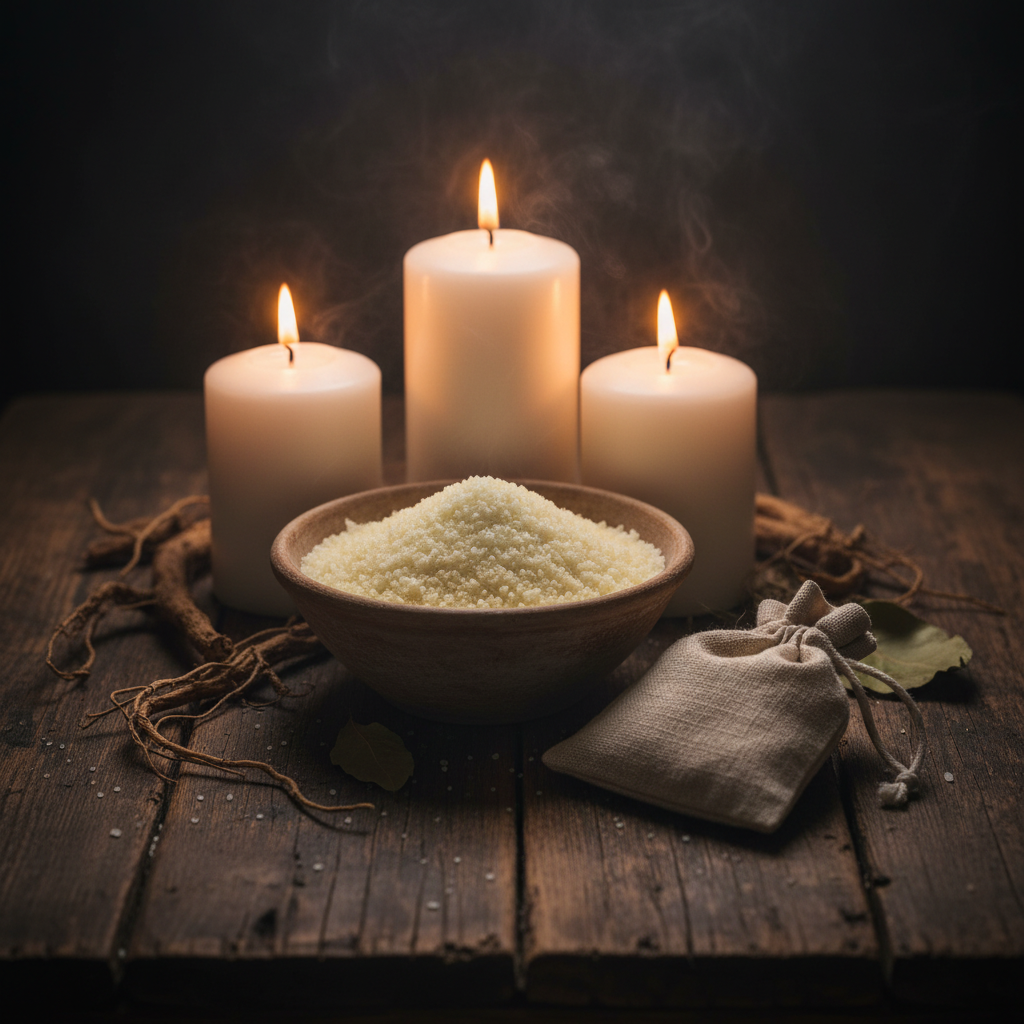 Ceramic bowl of saltpeter powder on a dark wooden table with lit pillar candles and a flat cloth sachet bag