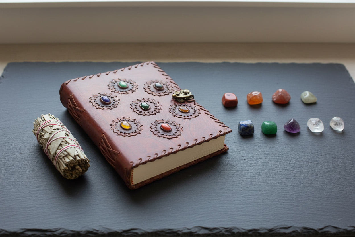 7 Chakra Leather Journal closed on dark slate surrounded by seven tumbled chakra crystals and a sage bundle