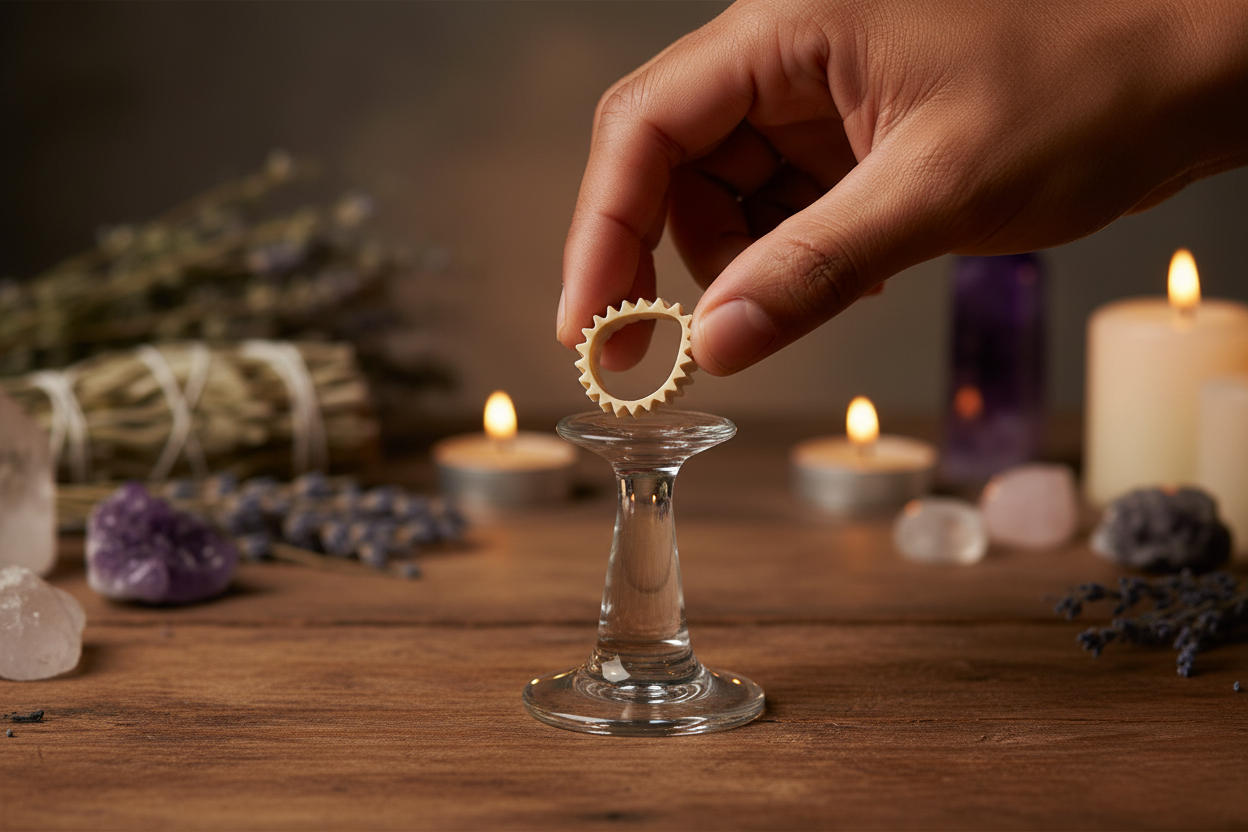 Hand holding a votive peg adapter over a glass votive candle holder peg