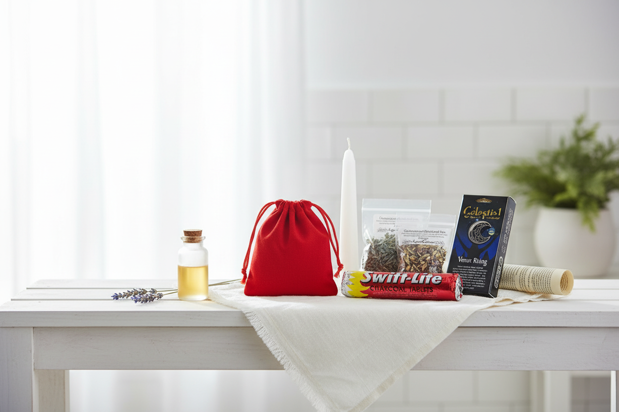 Glamour Ritual Kit on white linen bathroom shelf with dried lavender and glass oil bottle