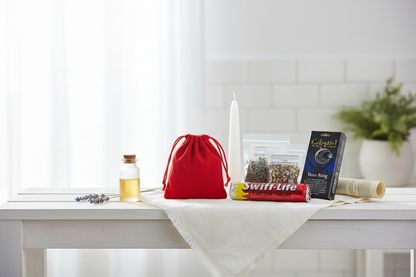 Glamour Ritual Kit on white linen bathroom shelf with dried lavender and glass oil bottle