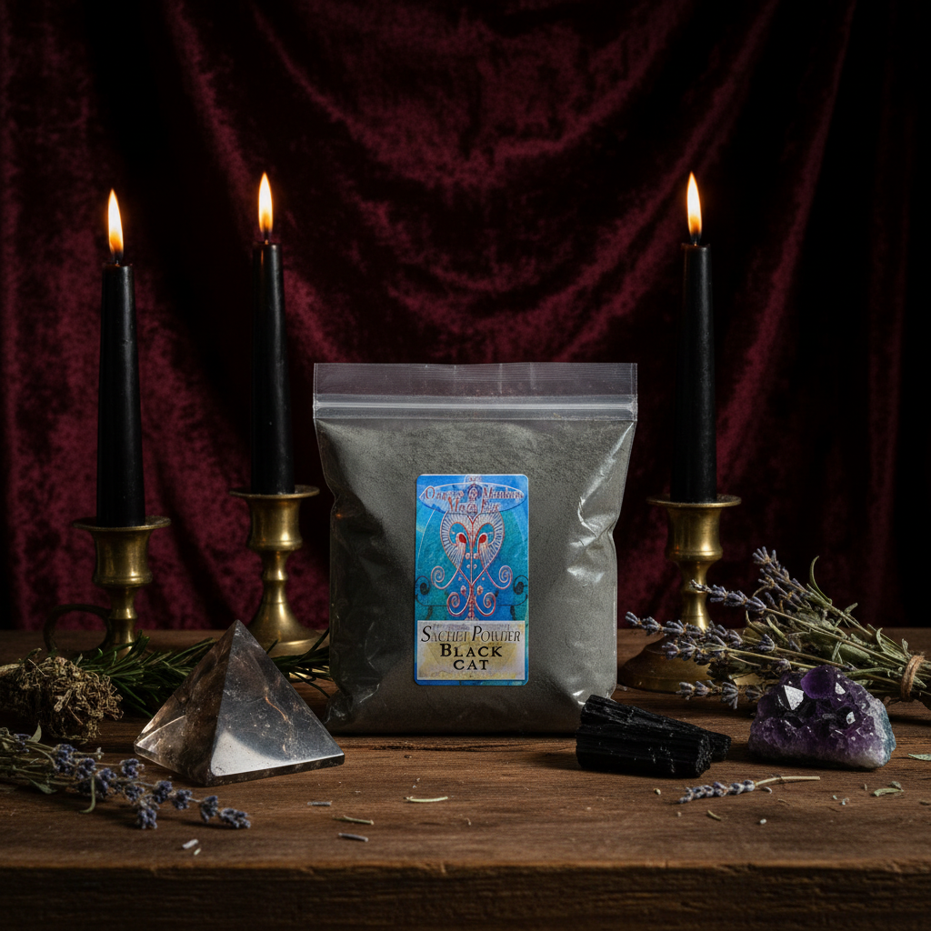 Consecrated Black Cat Sachet Powder on a dark altar with black candles, herbs, and crystals