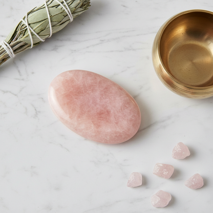 Pink calcite worry stone flat-lay on white marble with singing bowl, dried sage, and rose quartz chips