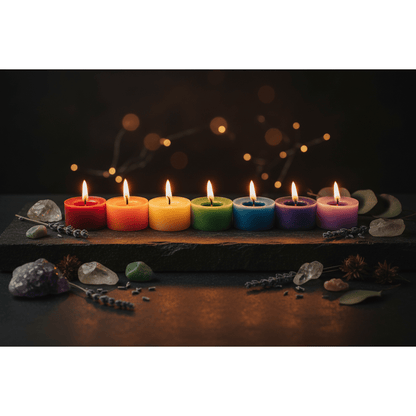 Chakra Votive Candle Set of 7 arranged in a row on dark stone surface with crystals and dried flowers