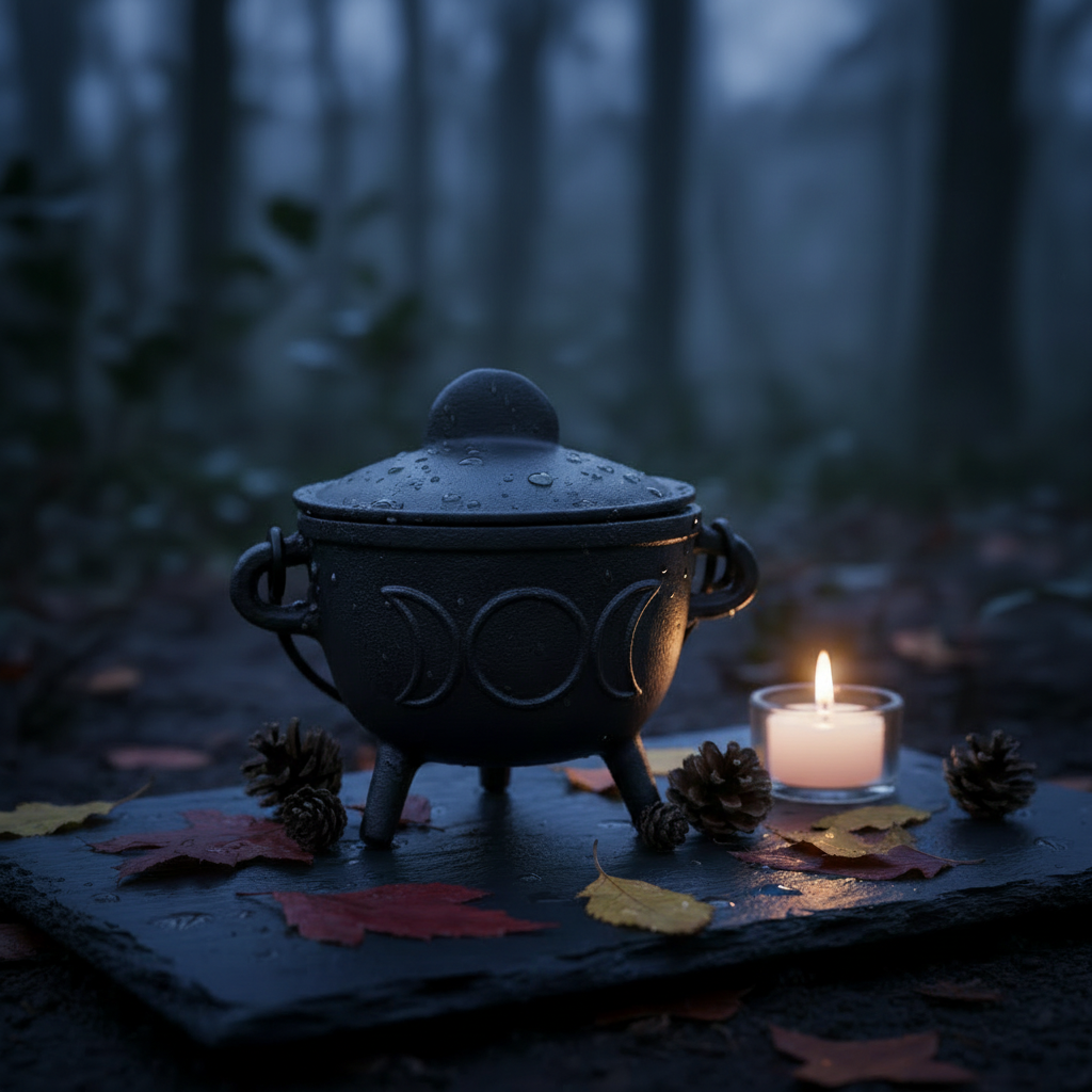 Triple Moon Cast Iron Cauldron with Lid on dark slate outdoors at dusk surrounded by autumn leaves, pinecones, and a tea light candle