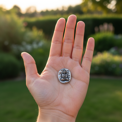 Tiny Buddha pocket stone resting in an open palm outdoors, clearly showing its small 3/4-inch size against a full hand