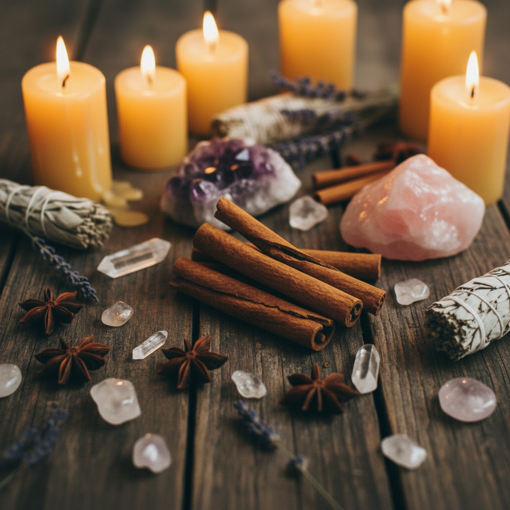 Overhead flat lay of cinnamon sticks on a spiritual altar with candles and crystals