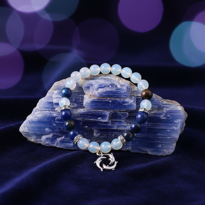 Opalite Kyanite Bracelet with Dolphins, 8mm