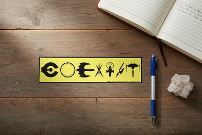 Coexist SciFi bumper sticker flat lay on rustic wooden desk with pen, crystal, and journal