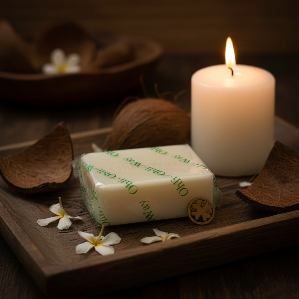 Ohli~Way Coconut Spiritual Cleansing Soap 100g bar on wooden tray with coconut husks, lit white pillar candle, and dried flower petals