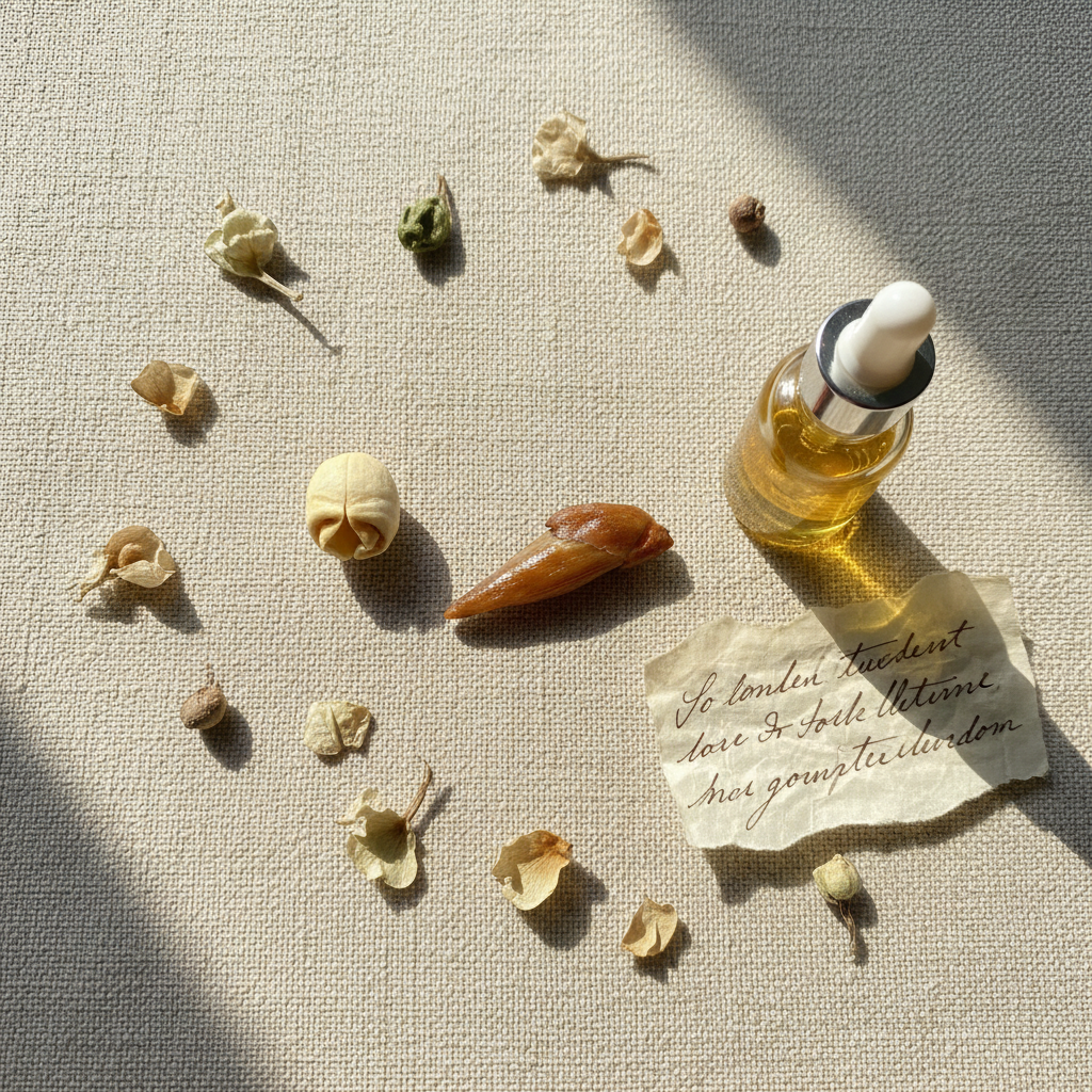Adam and Eve Root pair flat lay on linen cloth with botanicals and oil bottle
