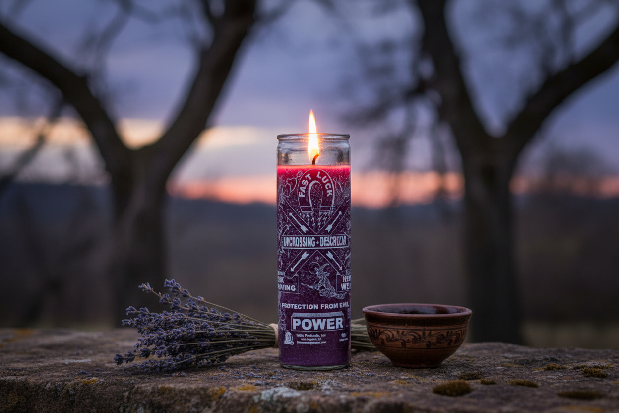 Uncrossing 7-day purple jar candle on a rustic stone surface at twilight with dried lavender bundle and offering bowl