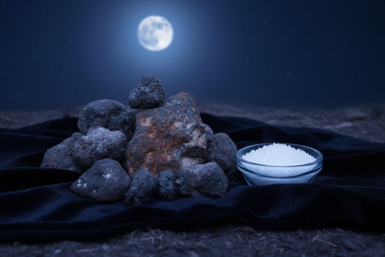 Natural lodestones on dark velvet under moonlight with a glass bowl of sea salt for cleansing ritual