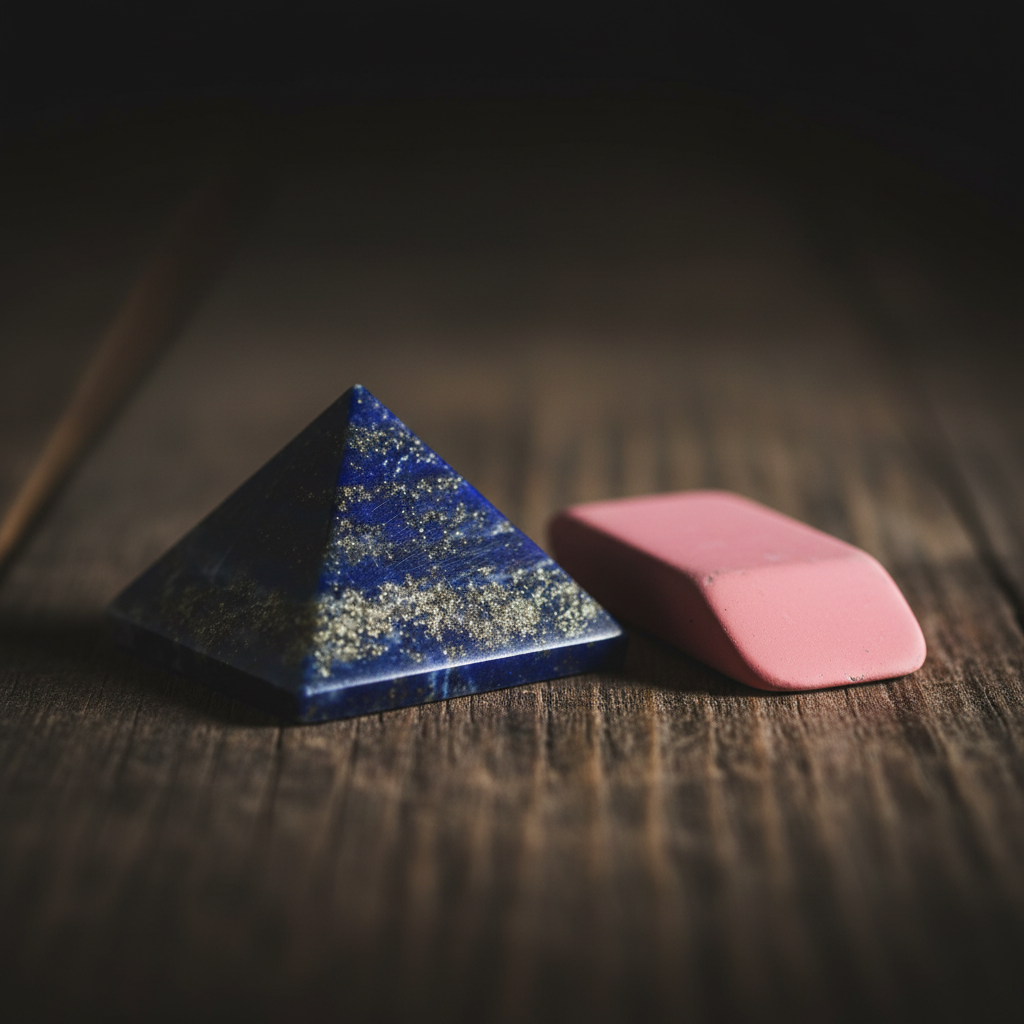 Lapis lazuli crystal pyramid, 1 inch wide, macro detail shot on dark wood with dramatic side lighting