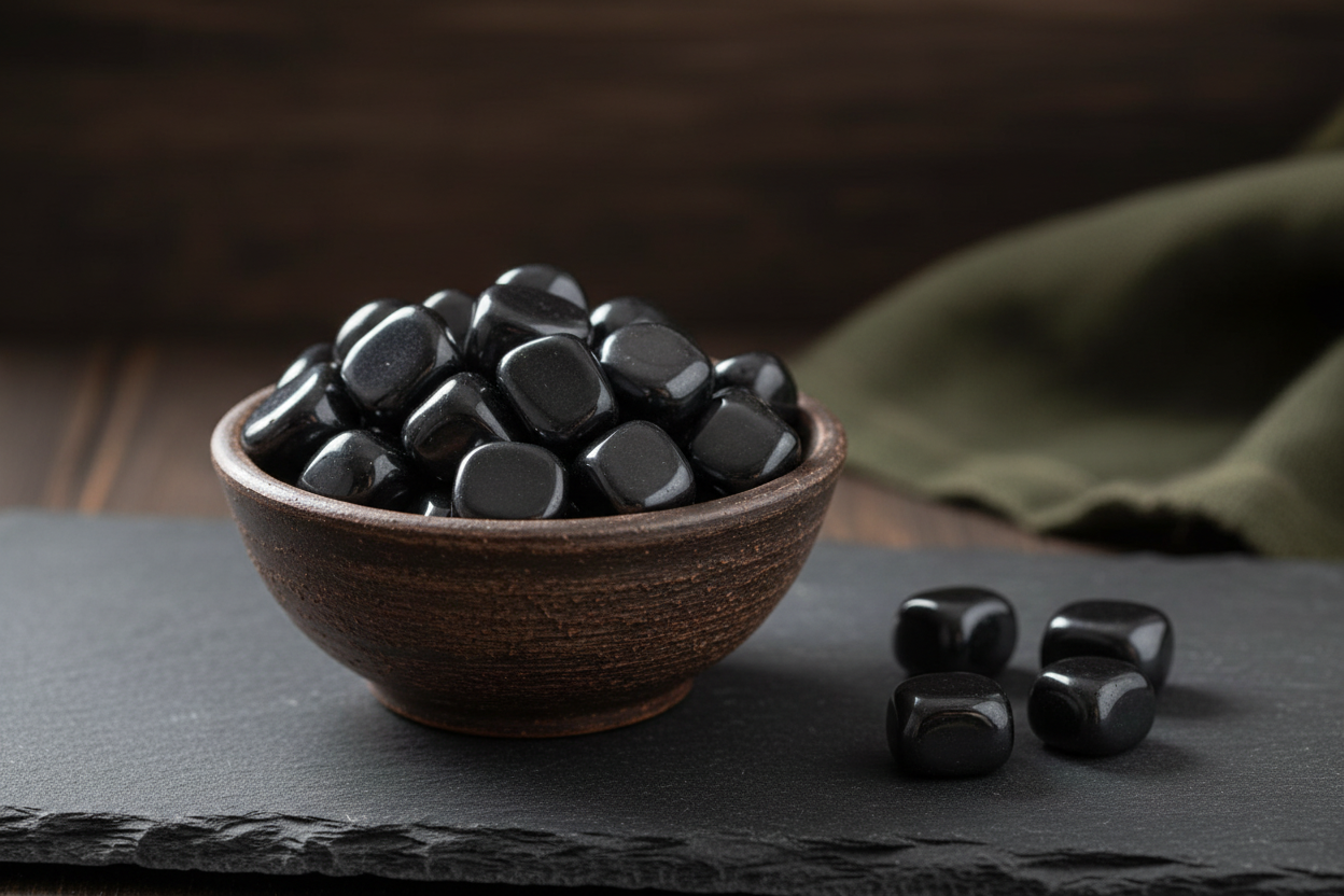 Hematite magnetic tumbled stones in a ceramic bowl on slate surface