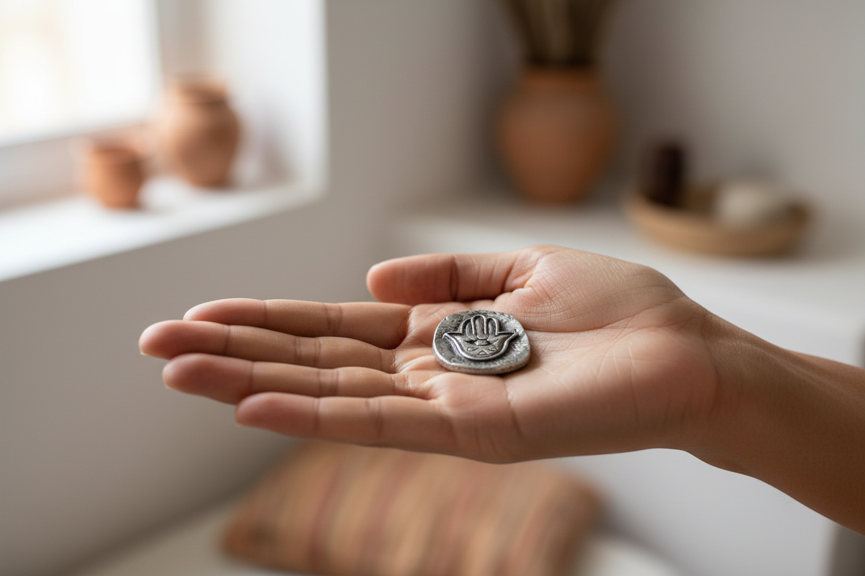 Hamsa pewter pocket stone resting in the open palm of a woman's hand