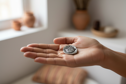 Hamsa pewter pocket stone resting in the open palm of a woman's hand