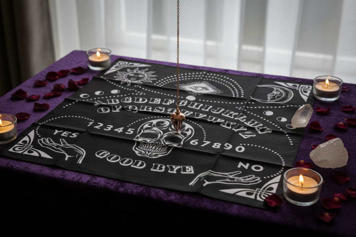 Ouija Board Mat on a velvet-draped altar table with a rose gold pendulum, tea lights, rose petals, and quartz point