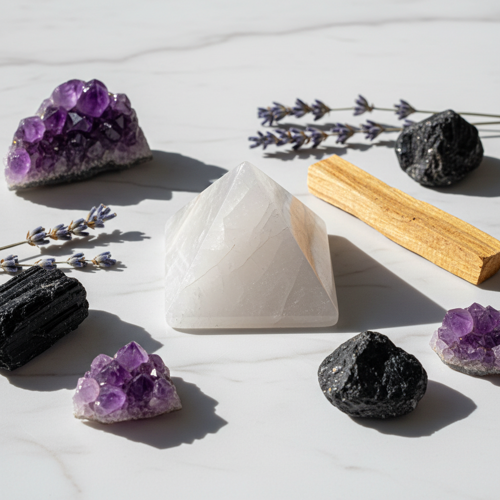 Faden Quartz Pyramid 70mm on white marble with amethyst, black tourmaline, and dried lavender
