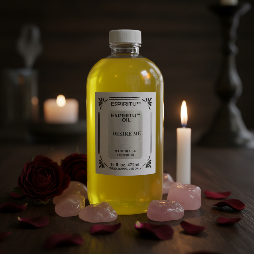 Desire Me Espiritu 16oz oil bottle with yellow oil on dark altar with rose quartz and white candle