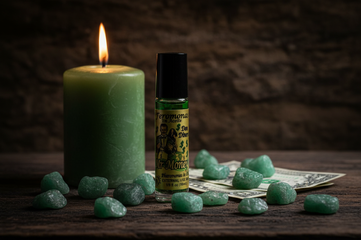 Mr. Money roll-on perfume on a dark altar with green aventurine crystals, lit green candle, and dollar bills