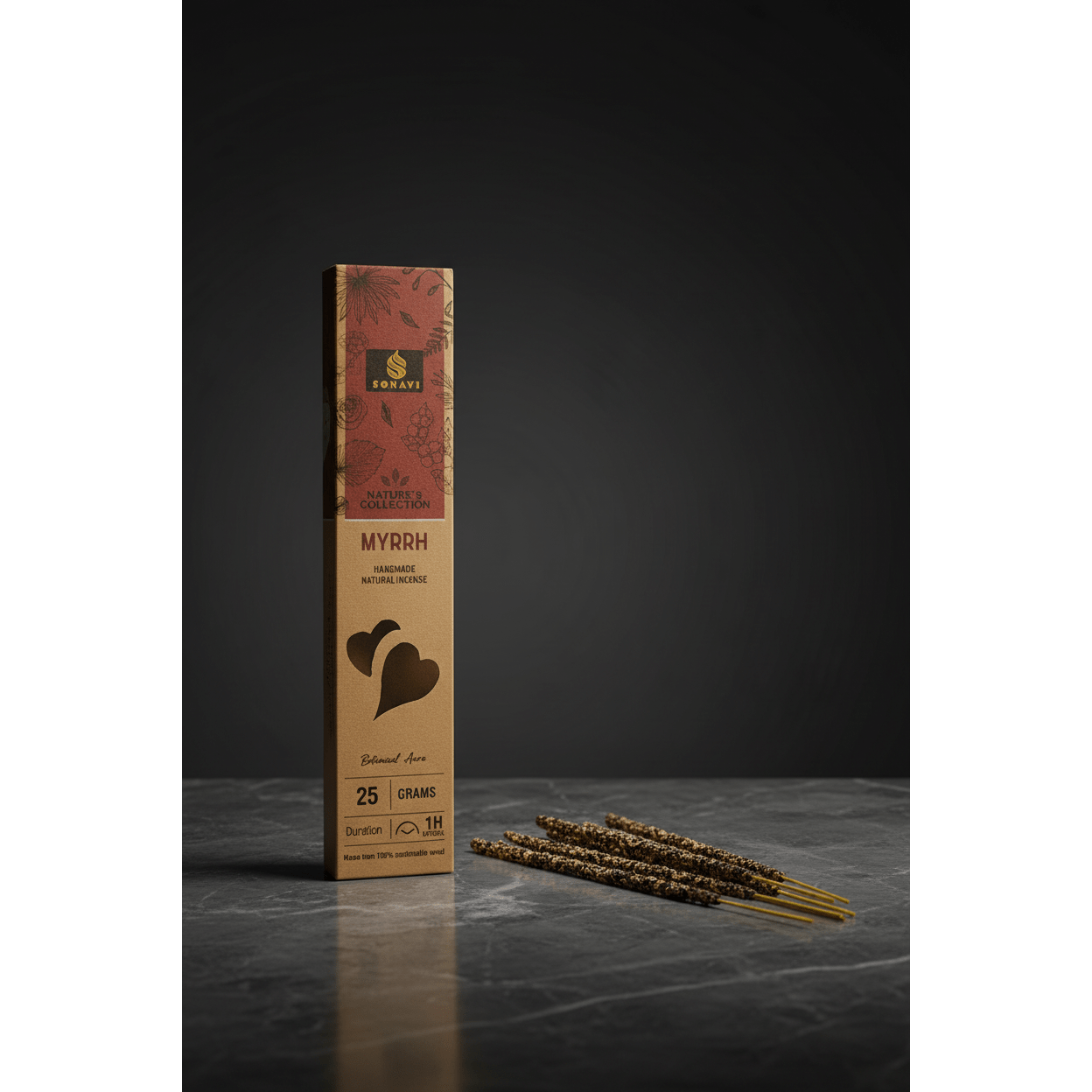 Sonavi Myrrh Incense Sticks 25g box standing upright on dark marble with loose incense sticks fanned out beside it