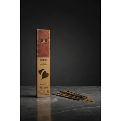 Sonavi Myrrh Incense Sticks 25g box standing upright on dark marble with loose incense sticks fanned out beside it