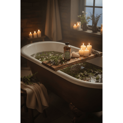 Seven Holy Hyssop Bath Oil 4oz on a candlelit bath tray with floating hyssop petals and crystals