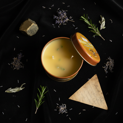 Loteria Lottery quartz tin candle overhead flat lay on black velvet with pyrite and herbs