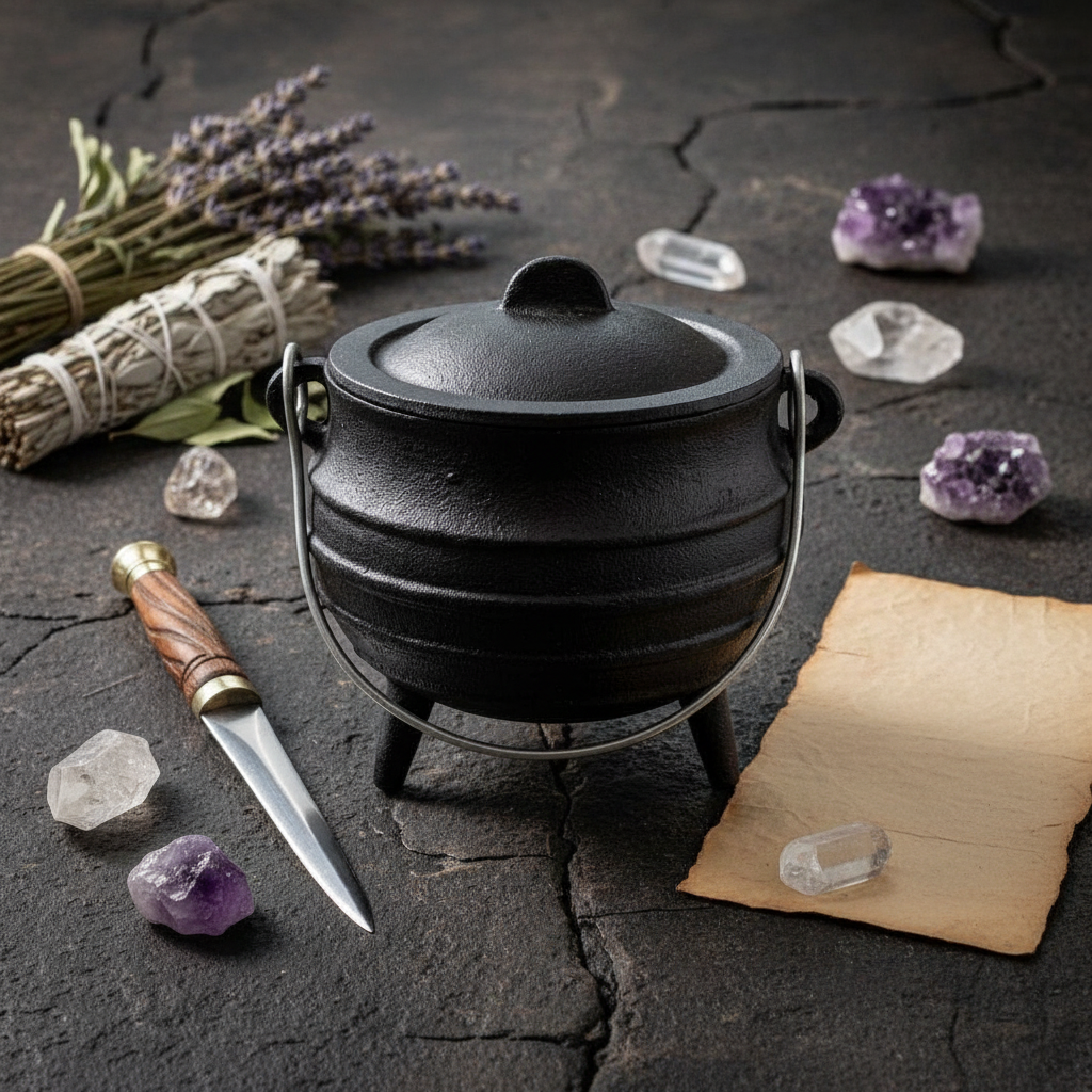 Overhead flat-lay of 5-inch cast iron cauldron with lid on dark stone surface surrounded by herbs, athame, crystals, and parchment