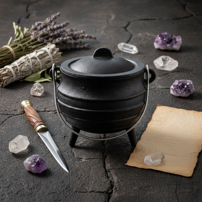 Overhead flat-lay of 5-inch cast iron cauldron with lid on dark stone surface surrounded by herbs, athame, crystals, and parchment