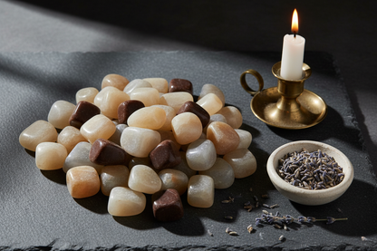 Moonstone tumbled stones on dark slate with brass candle holder and dried lavender