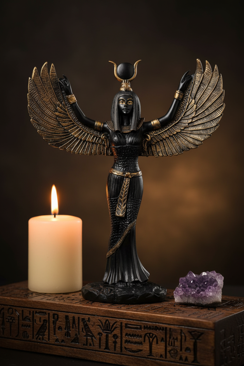 Black Hand-Painted Winged Isis Statue on a candlelit Egyptian-inspired altar with white pillar candle and amethyst crystal for scale
