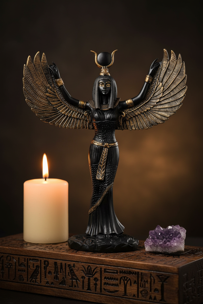 Black Hand-Painted Winged Isis Statue on a candlelit Egyptian-inspired altar with white pillar candle and amethyst crystal for scale