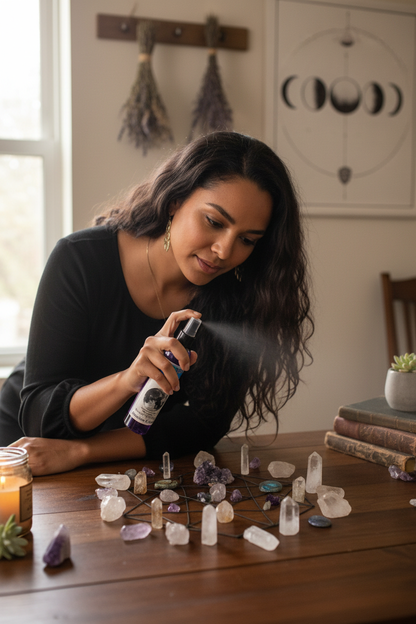 Mixed-race woman of color misting Dark Moon Water ritual spray over a crystal grid on a wooden table
