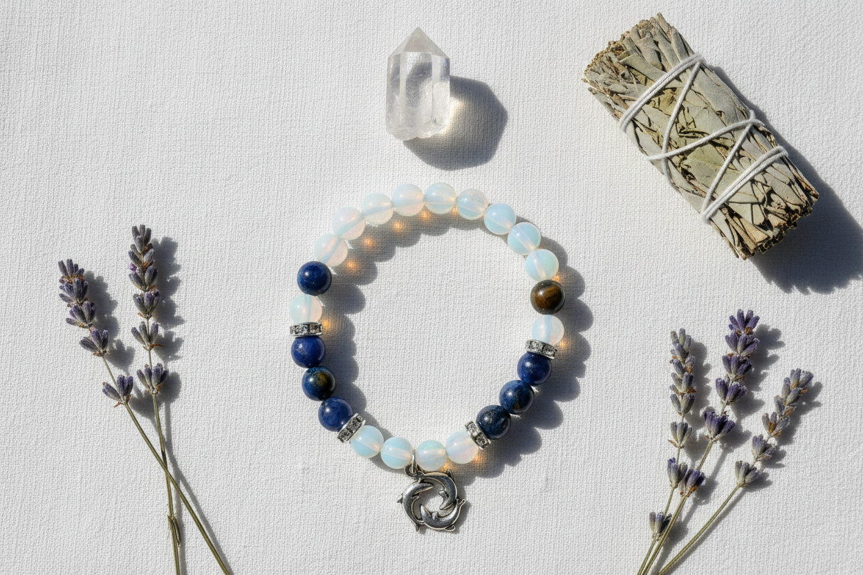 Opalite Kyanite Bracelet with Dolphins, 8mm