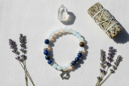 Opalite Kyanite Bracelet with Dolphins, 8mm