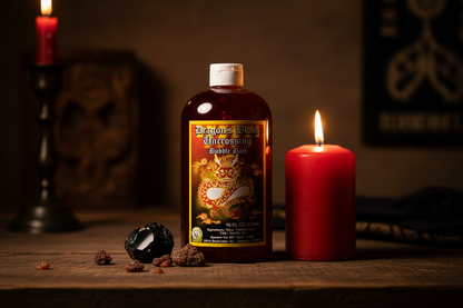 16 oz Dragon's Blood Ritual Bath bottle on a wooden altar with a red pillar candle, obsidian crystal, and dragon's blood resin in candlelight
