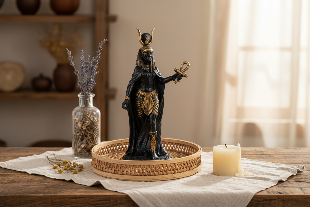 Hathor Statue 11" on linen altar cloth with apothecary bottle, rattan tray, and beeswax candle in natural window light