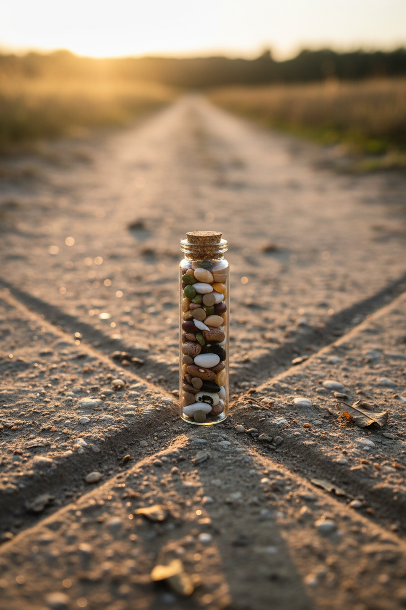 Traditional Mojo Wishing Beans glass tube at a dirt crossroads at golden hour sunset